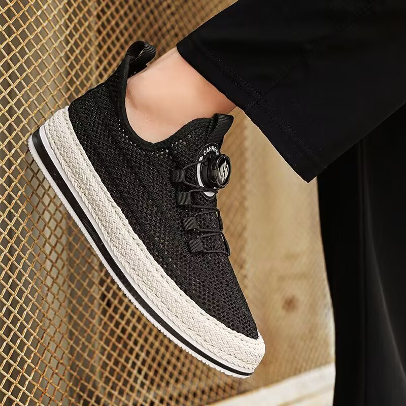 Men's Casual Shoes, Straw Woven Rotating Buckle Fisherman Shoes, Large Mesh Hollow-Out Skate Shoes, Breathable Slip-On Loafers for Men