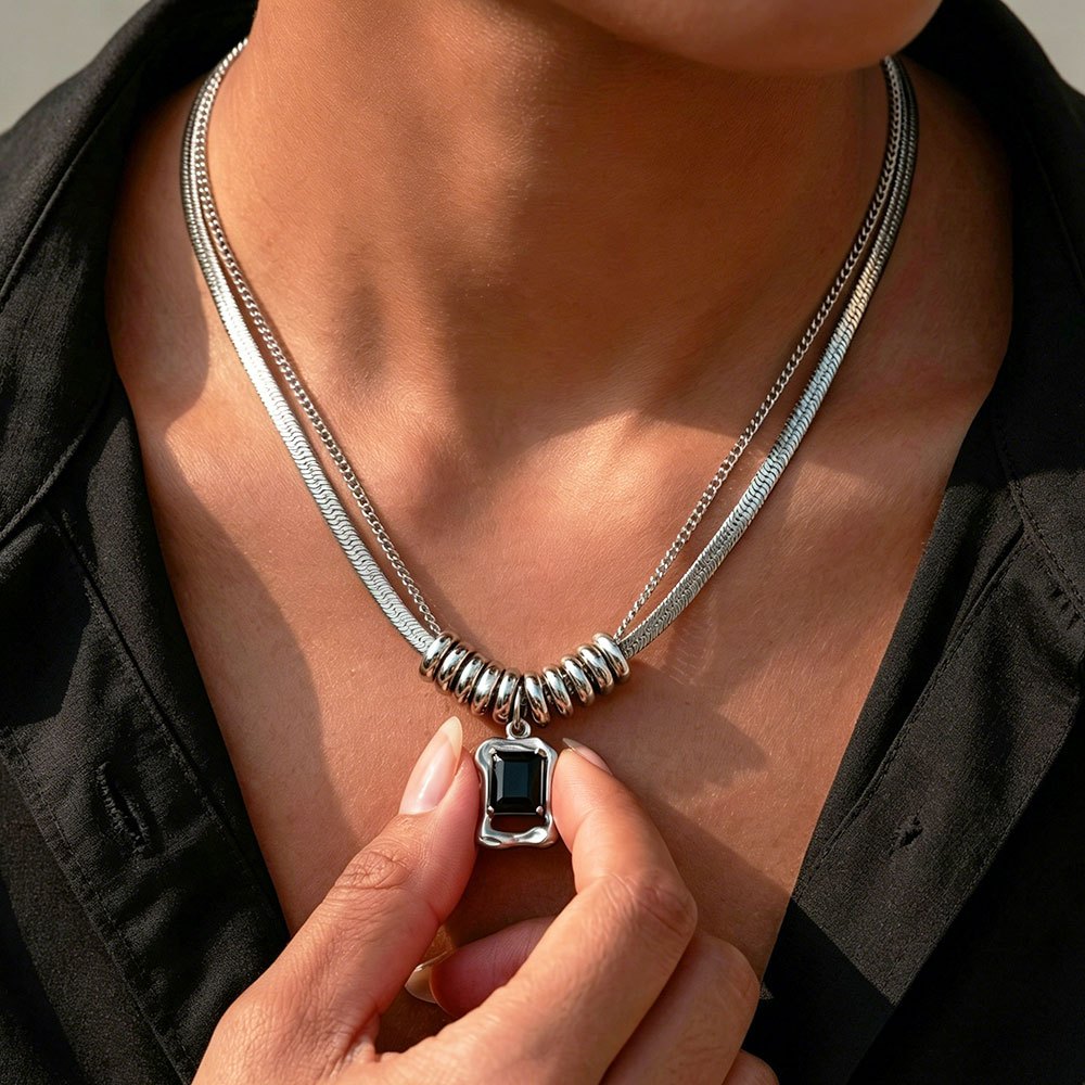 TEMU A Hip-hop 316 316 Steel Black Geometric Pendant Necklace, Black Square Ring Snake Chain Men's And Women'-layer Necklace, Non-fading Minimalist