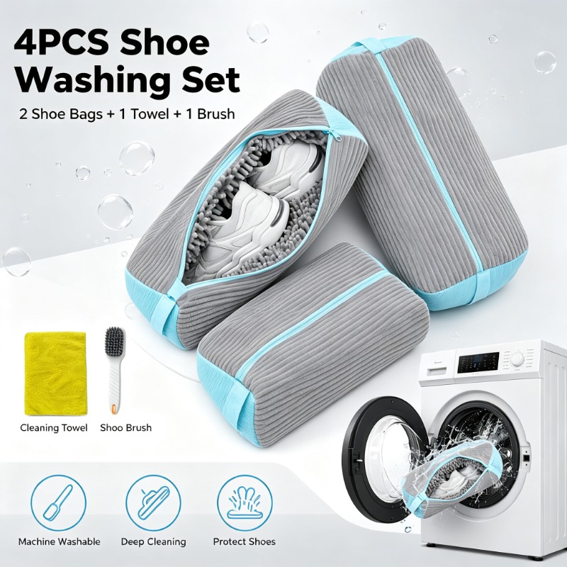 TEMU Ensemble de nettoyage de chaussures 4 pièces, comprenant 2 sacs à chaussures souples réutilisables, 1 serviette de nettoyage en microfibre et 1
