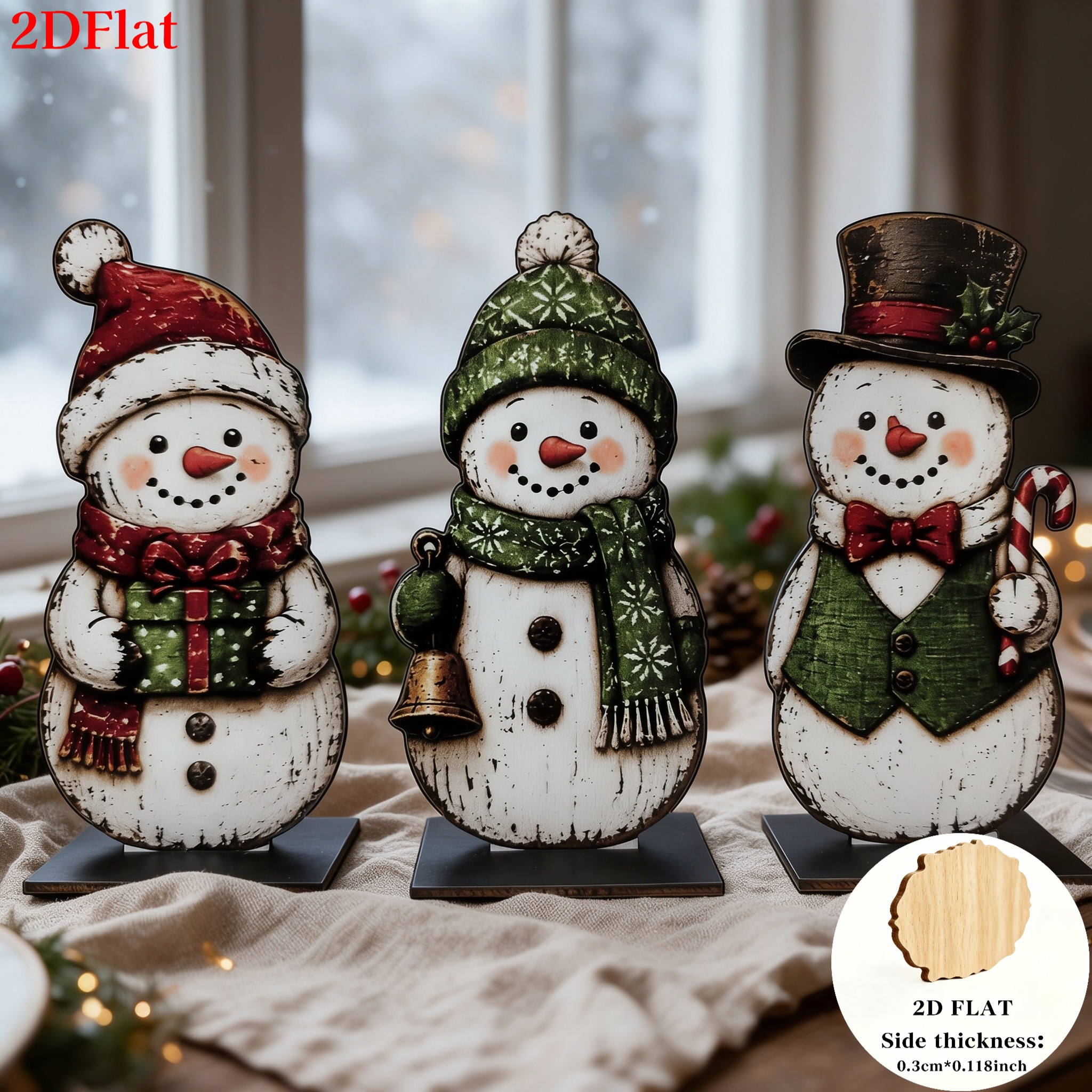 TEMU 2d Flat, 3pcs Christmas Snowman Desktop Ornament Set, Distressed Style, For Family Christmas Parties And Soft Furnishings. Each Snowman Features