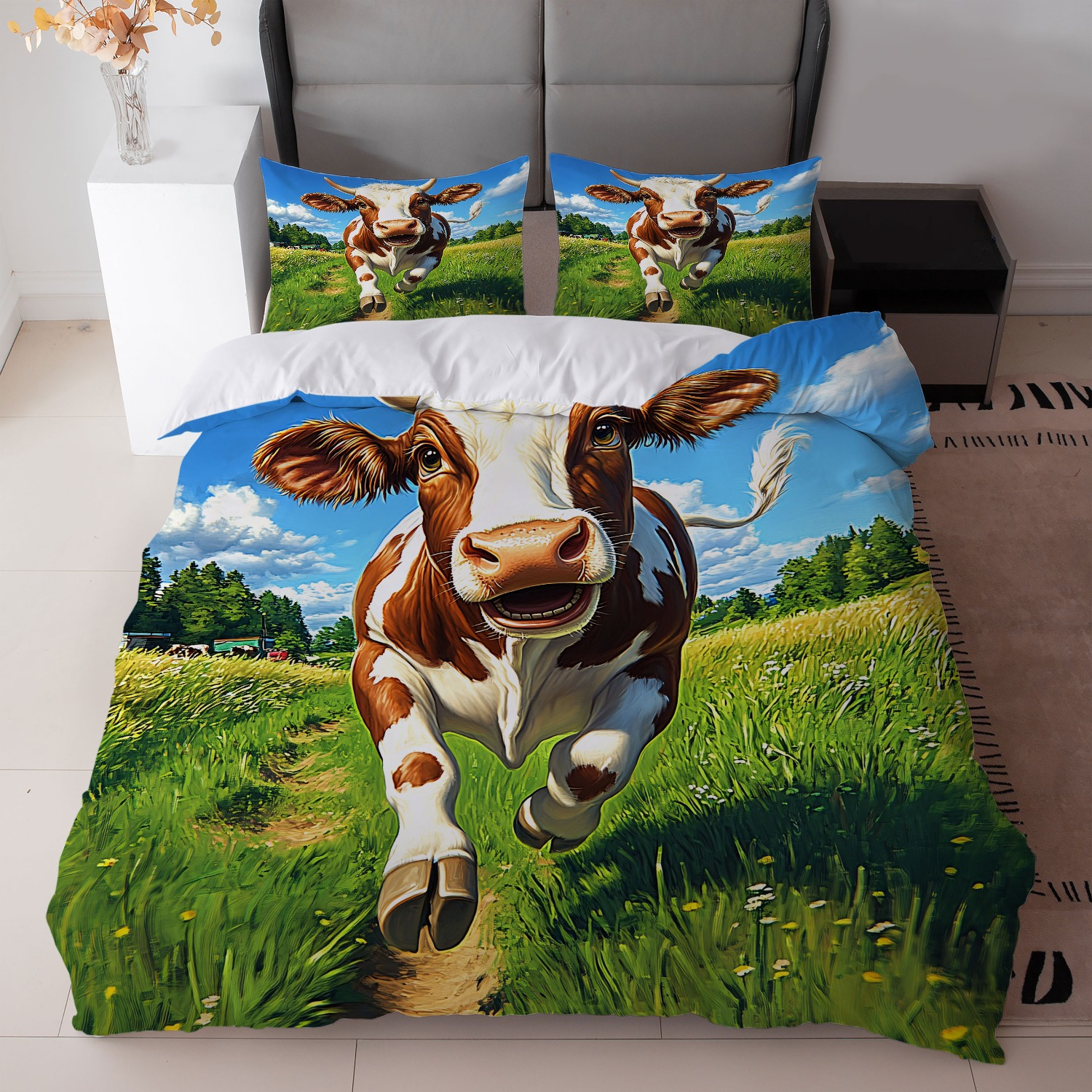 TEMU 3pcs Farmhouse Bedding Set Brown Cow Print   Green Landscape (1duvet Cover   2pillowcase, Without Core) For Bedroom
