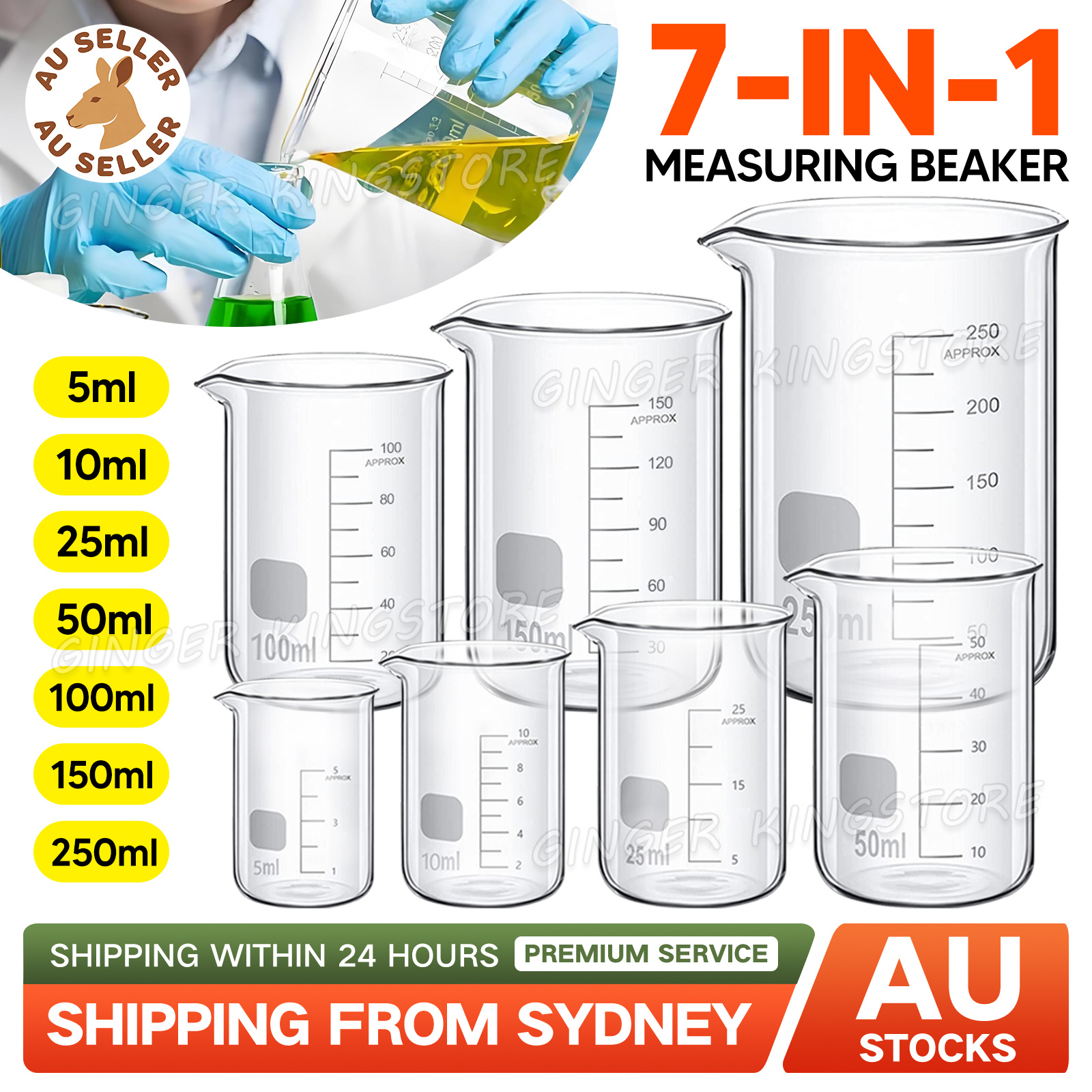 TEMU 7pcs Glass Measuring Low Form Beaker Set | 5ml 10ml 50ml 100ml 150ml 250ml, Borosilicate Glass, Ginger