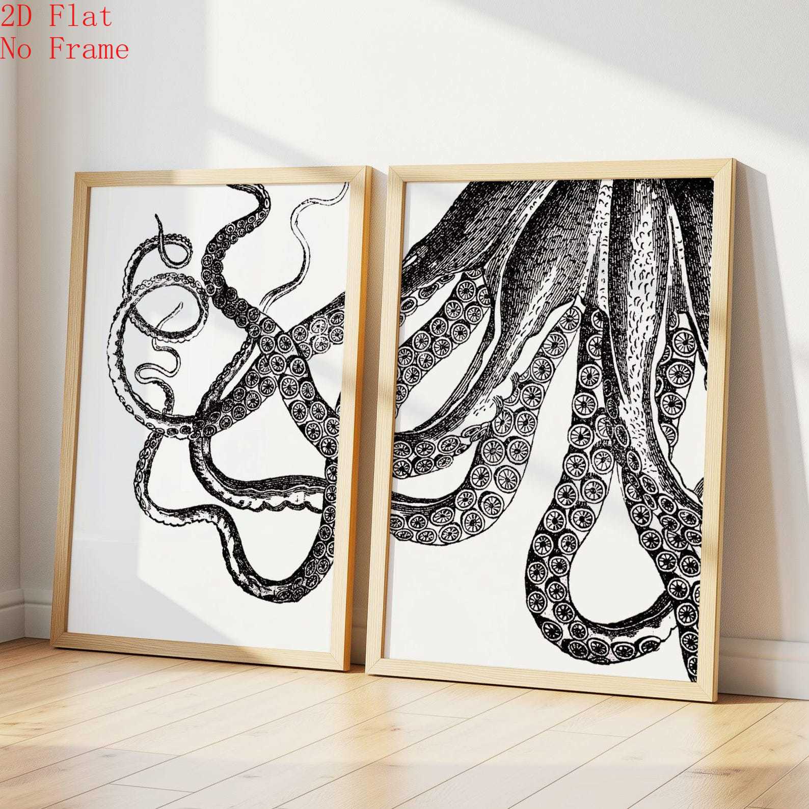 TEMU 2d Flat, 2d Flat [no Frame Canvas Poster 2pcs] Octopus Of 2 - Black Retro Fish Print - Vintage Octopus Poster - Beach House Nautical Decor -