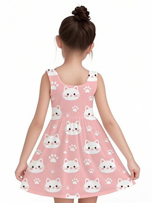 fashion sleeveless dress random print design girls paw print pink comfortable and stylish party essential knit style casual wear fashionable soft comfortable individual cute