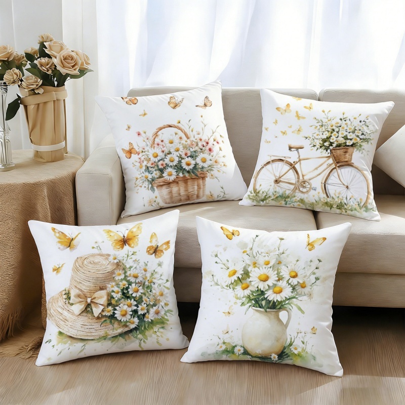 TEMU 4pcs, 2d Flat Printing, Vintage Bicycle Daisy Cushion Covers, Single-sided Print, Pillow Insert Not Included, Zipper Closure. Suitable For