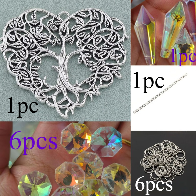 TEMU Lot de 15 pièces pour attrape-soleil à faire soi-même : pendentifs cœur arbre de vie en argent antique, perles de cristal coloré AB, de cristal,