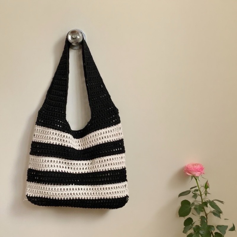 TEMU Women's Knitted Crochet Tote Bag With Hollow-out - Lightweight Beach Bag Suitable For Commuting, Vacation, Crossbody & Handheld Use, Hand