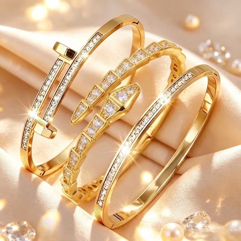 3pcs 18K Gold Plated Snake-Shaped Cubic Zirconia Inlay Cuff Bangles