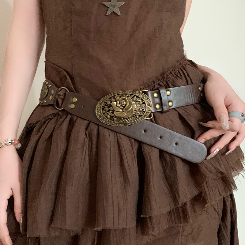 Image of 1pc Bohemian Style American Brown Belt Women's Decorative Dress Y2k Versatile Retro Niche Design Belt