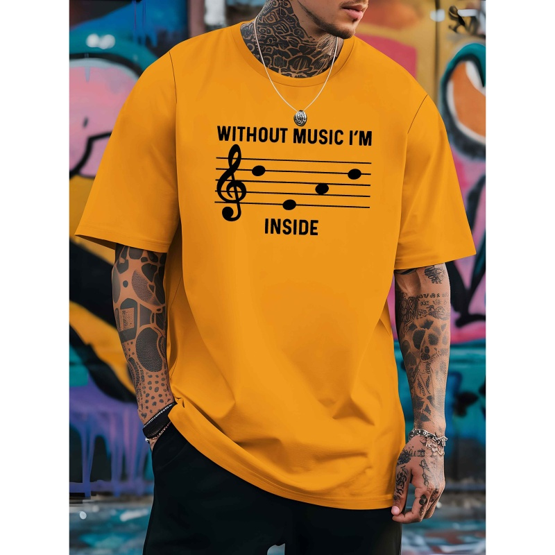 

Without Music I'" Men's Yellow Graphic T-shirt - Casual Short Sleeve, Breathable Polyester , Round Neck, Summer Fashion Tee With Musical , Music T Shirts