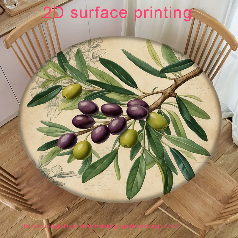 TEMU 1pc 2d Flat Printing Leaf Pattern Vintage Style Printed Elastic Round Tablecloth Suitable For Tables Polyester Material For Parties, Kitchen,
