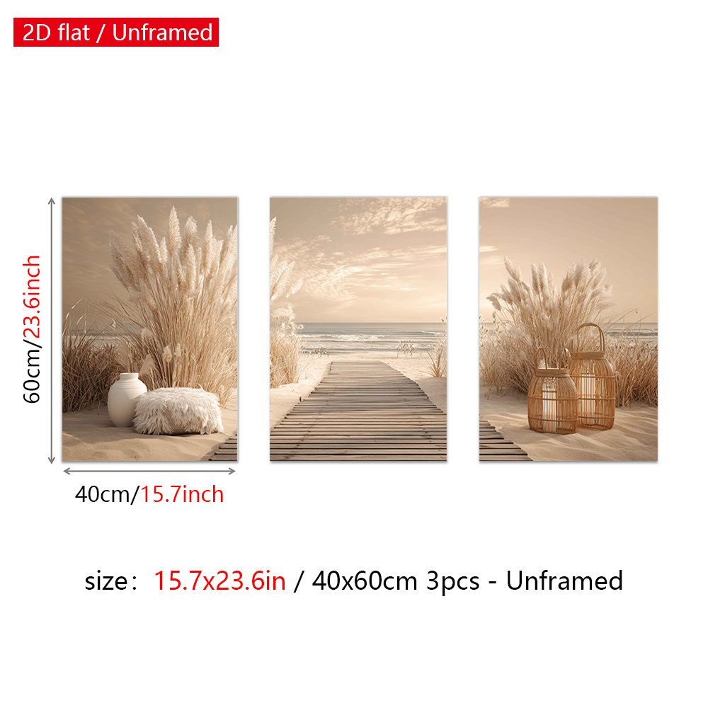 TEMU 2d Flat, 2d Flat, 3pcs Unframed Beach Wall Art Posters, Seashore Canvas Paintings, Summer Wall Decor, Vintage Art Prints, Fashion Summer Wall