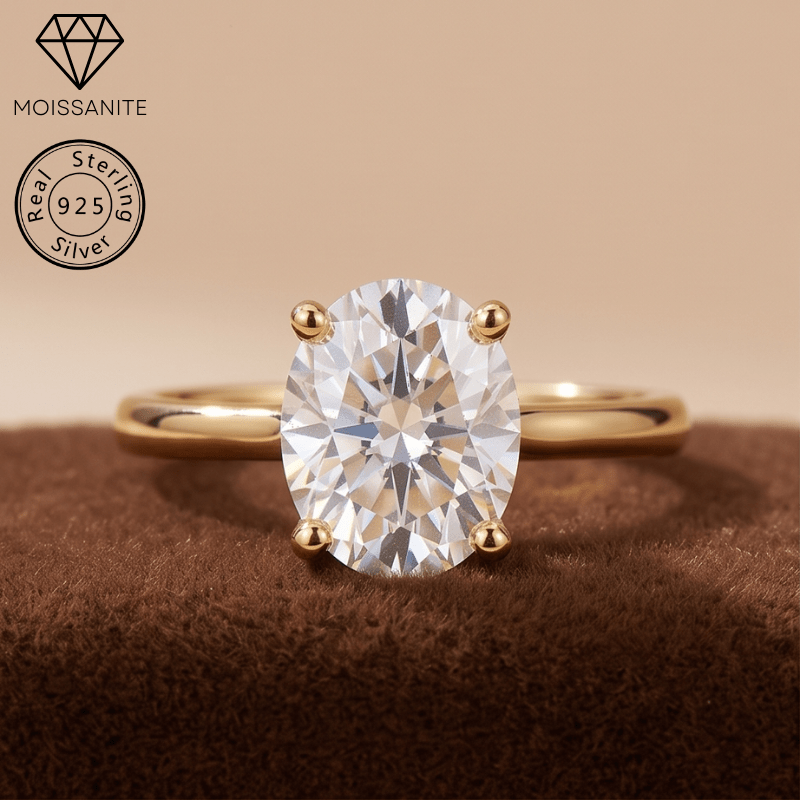 1/2/3 Carat Stylish Oval Cut White Moissanite Golden Ring
