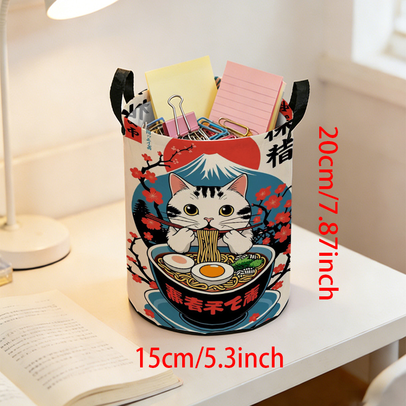 TEMU Cestino portaoggetti mini da 1 pezzo in stile giapponese con stampa 2D, realizzato in tessuto Oxford, con motivo di un gatto che mangia ramen e