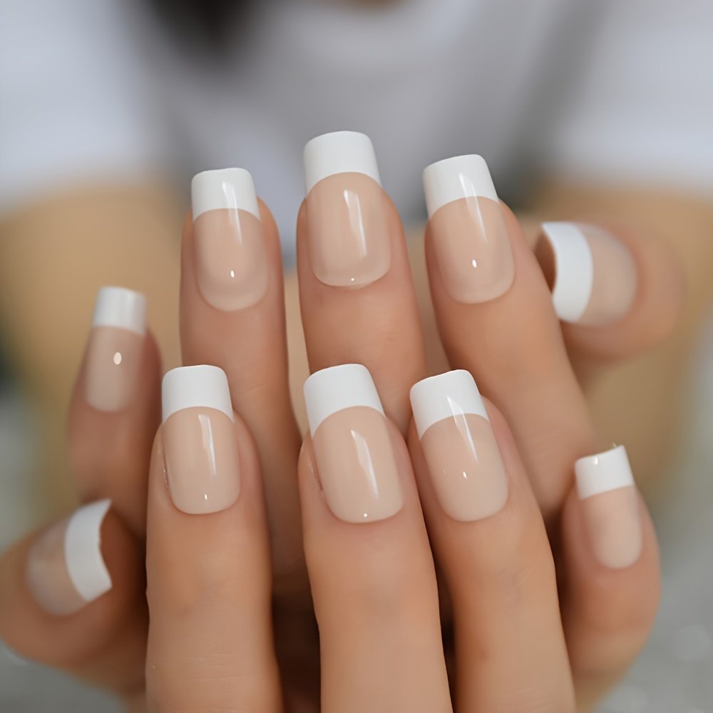 TEMU 48pcs White French Gradient Fake Nails- Matte Medium Length Square Duckbill Shape Nail Stickers, Suitable For Daily And Special Occasions With , Cute And