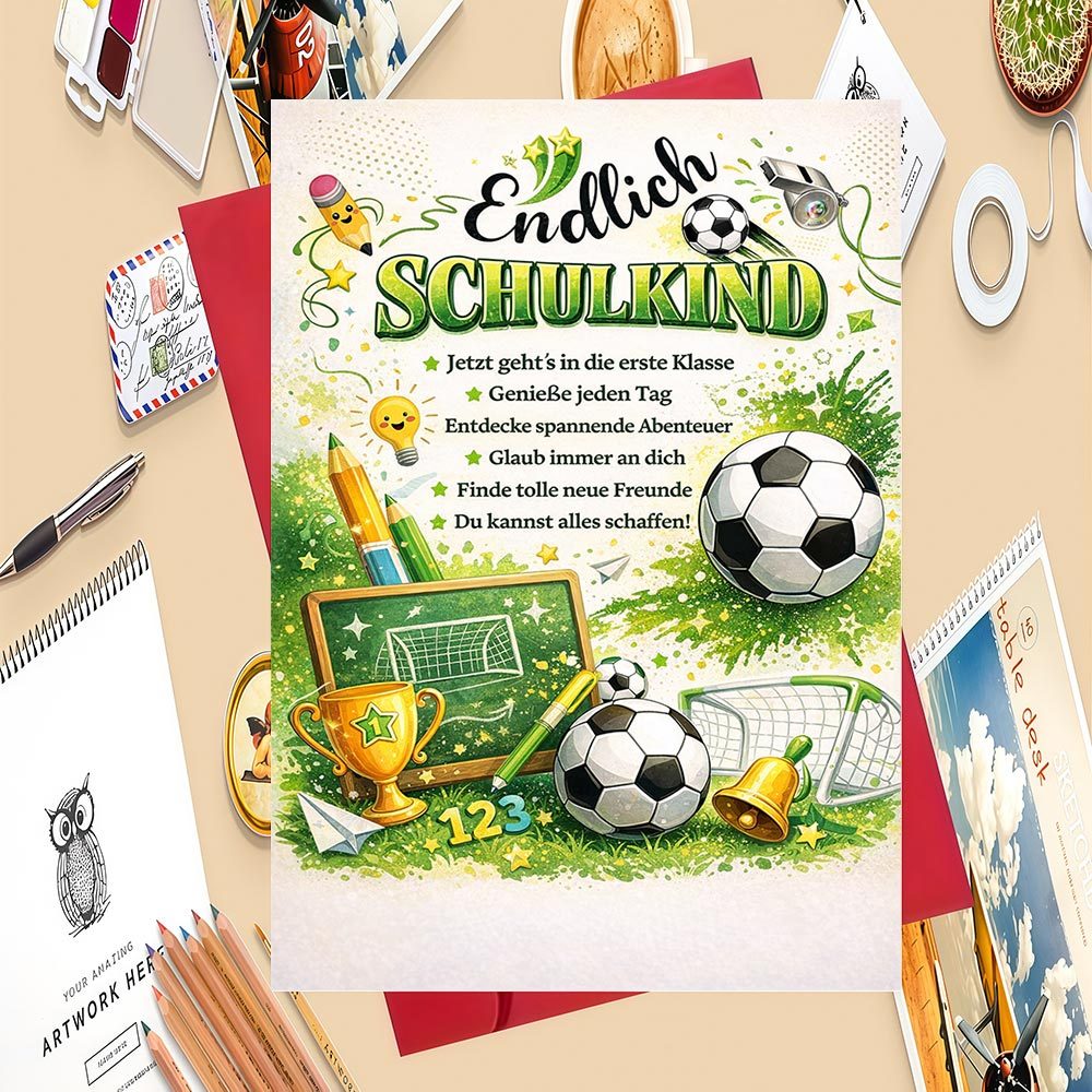 E-shop Eine einzelne Grußkarte zusammen mit einem Umschlag, entworfen für Eltern, um ihrem Kind zu gratulieren, das in die geht, mit einem