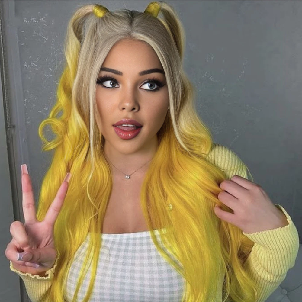 omber yellow human hair wig 13x6 hd lace front body wave 30 inch 200 density natural look wig for women colored blonde to dark ombre gradient all versatile hairpiece elegant hairpiece details 0
