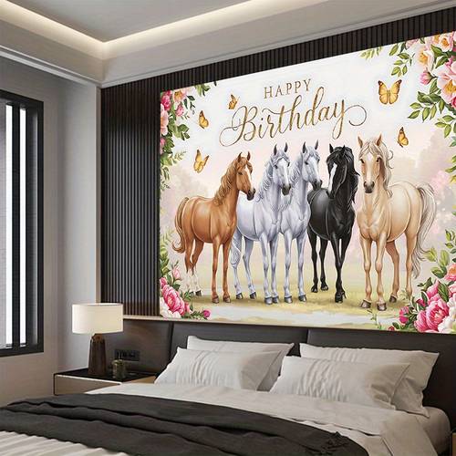 2d flat 1pc horse themed birthday banner with 5 horse cutouts design vibrant floral pastel colors pink brown white black beige happy birthday lettering durable wall decoration for room horse party decorations birthday party backdrop ideal gift for graduation christening confirmations tailgate parties easy to hang banner 2d flat happy birthday banner colorful happy birthday background cloth