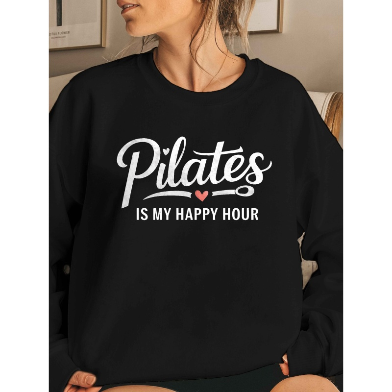 

Women's Pilates Love Heart Graphic Crew Neck Sweatshirt, Casual Long Sleeve Knit Polyester Pullover, For Fall & Winter