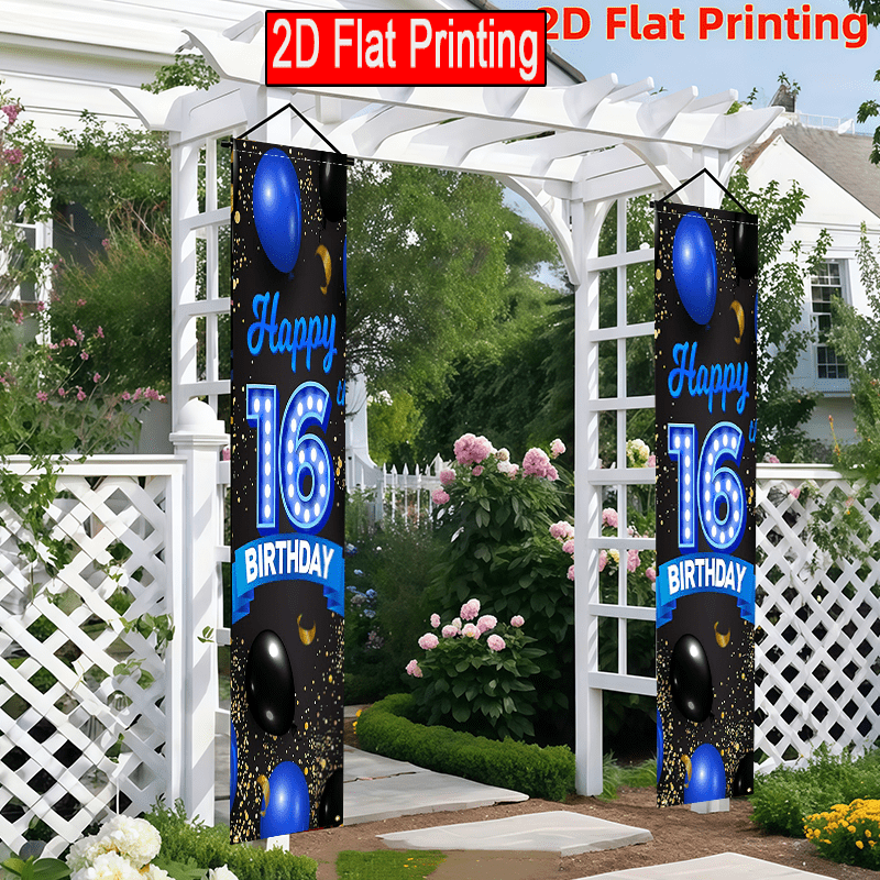 TEMU 2d Flat - 2d Flat - 2d Flat 2pcs Celebrating Happy 16th Birthday Porch Banner Black And Blue With Balloon Flag Outdoor Courtyard Lawn Decoration