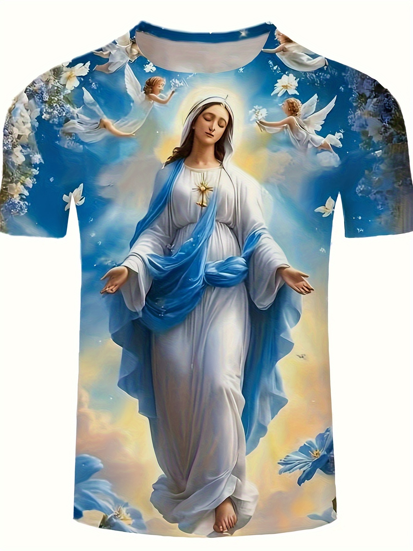 [gedrucktes design, nicht texturiert] herren t-shirt mit gedrucktem religiösem kunstmotiv –   maria & engel design, lässiger rundhalsausschnitt, maschinenwaschbar, lebendige farben für outdoor- & freizeitkleidung, freizeitbekleidung, engelsdesign, lebendiges grafik-t-shirt, streetwear-mode