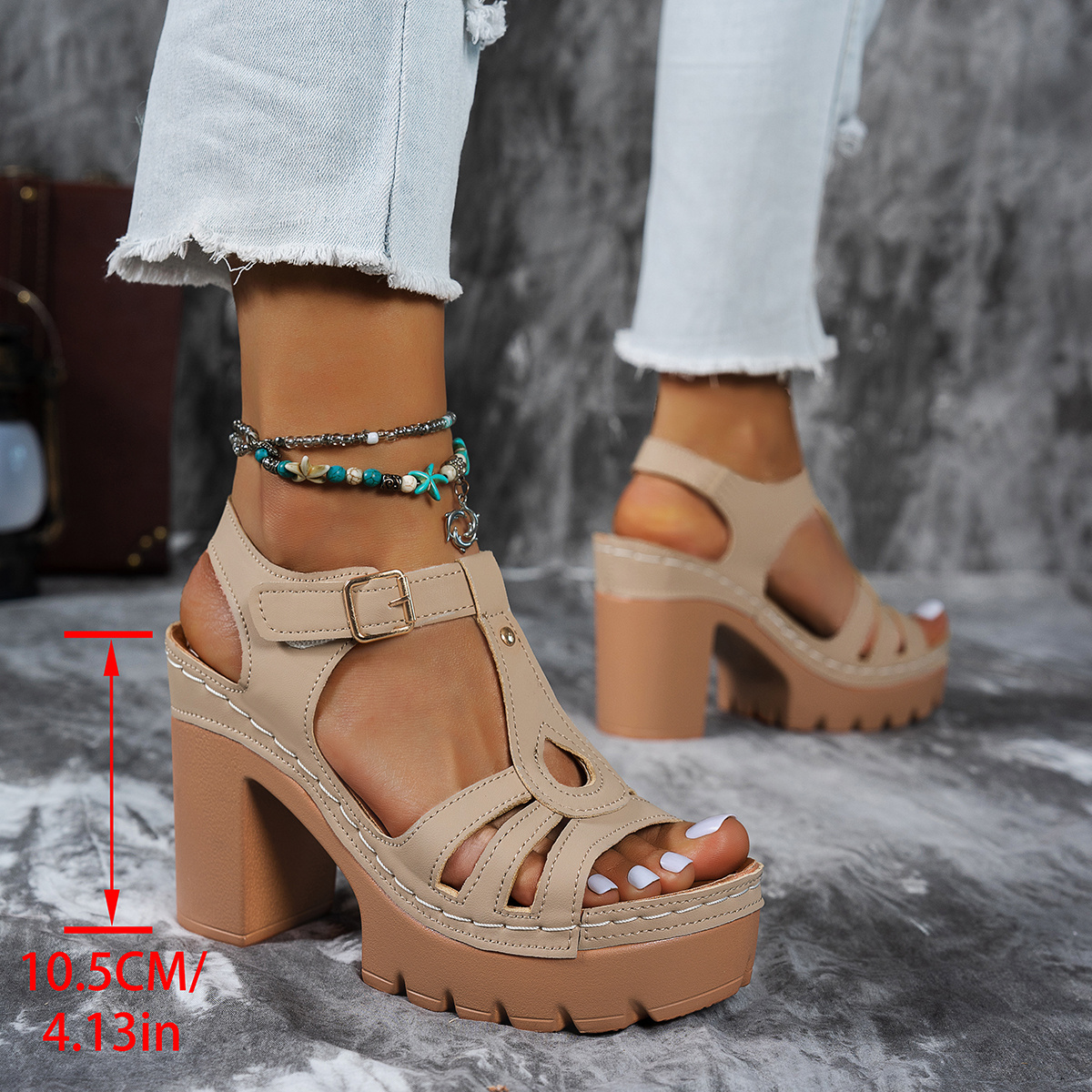 TEMU [wdhkun] New Ethnic Style Roman Car Line Sandals Summer T-heels With Casual European And American Thick Heels Women's High Heels, Women Shoes