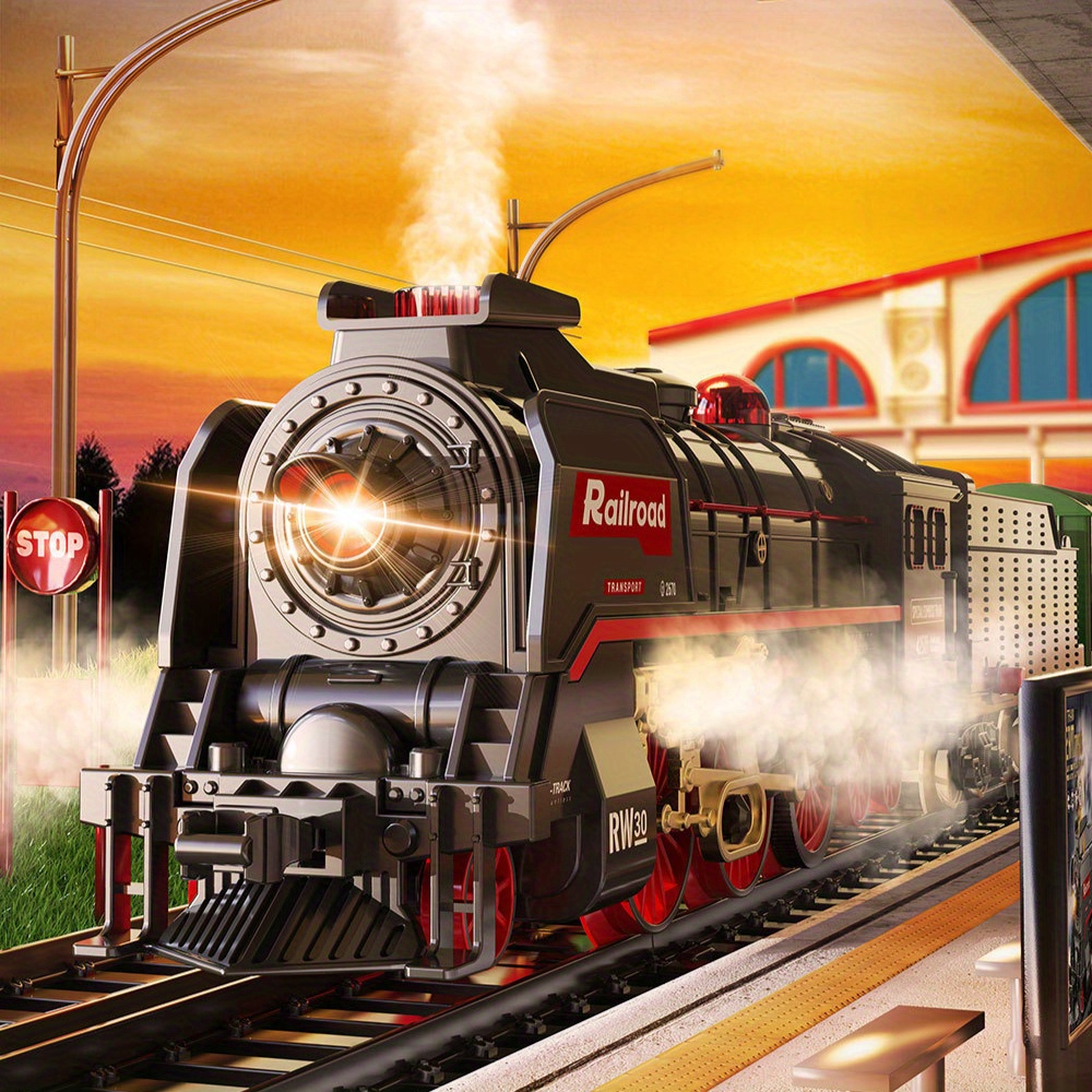 3D Smoke Electric Train Set with 4 Cars & Deluxe Tracks | Real Choo-Choo Sounds + Flashing Lights | Rechargeable Battery Gift for Kids 3-8/ Men | Christmas MUST-HAVE! Gift toys for kids