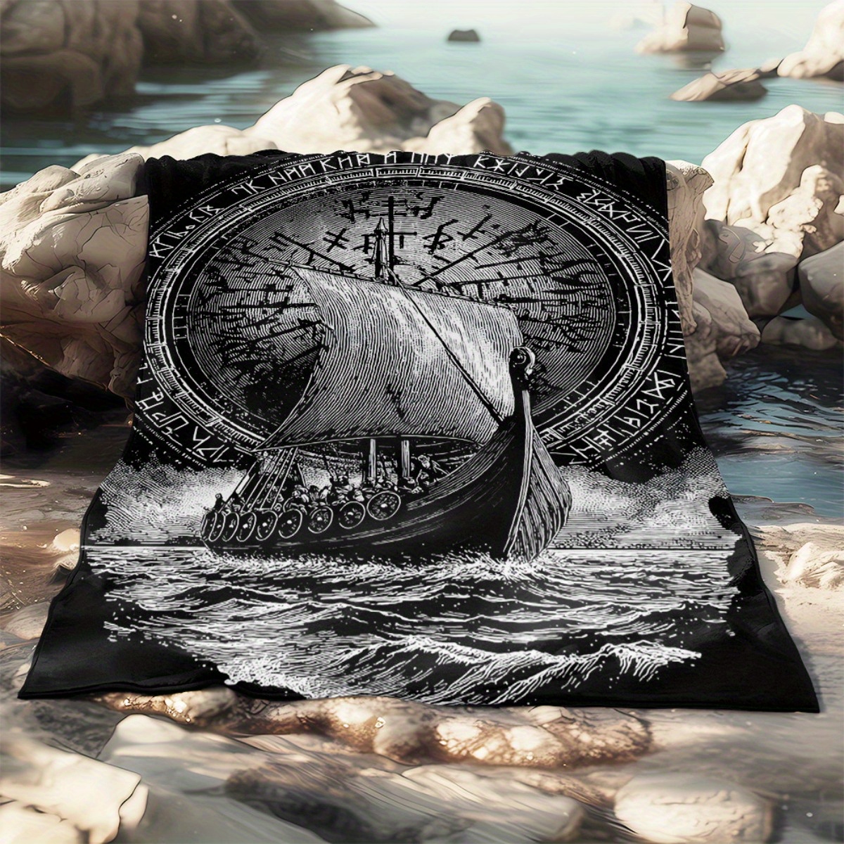 TEMU 1pc Couverture en Flanelle au Design de Bateau Viking - Légère, Portable pour Toutes , Douce et Chaude avec Thème Nordique Imprimé Numériquement