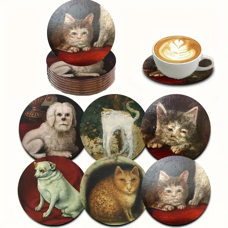 TEMU Un ensemble de 6 dessous de verre médievaux en bois amusants avec des chats et des chiens, ornés de artistiques médiévaux originaux. Ces dessous