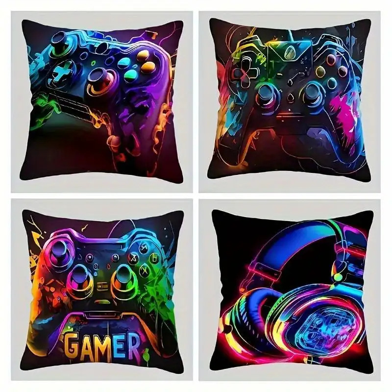 TEMU A Set Of 4 Single-sided Pillowcases Featuring A Cool Gamer Headset And Game Controller Design, Perfect For Decorating Your Home, Living Room,