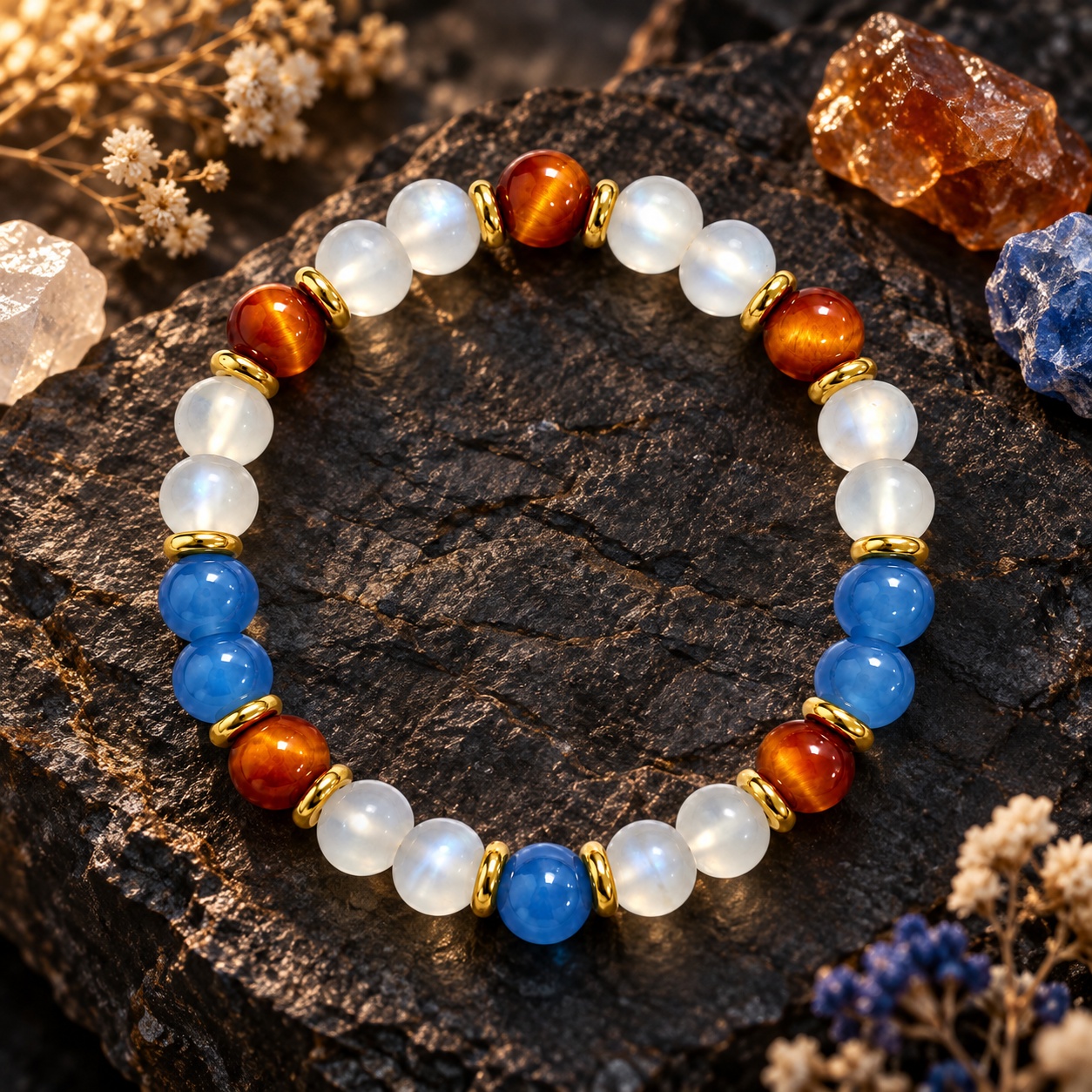 Wealth Attraction Bead Bracelet with Moonstone & Tiger's Eye