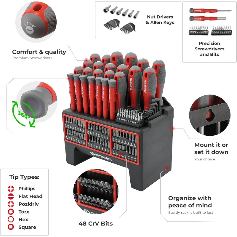 114pcs heavy-duty screwdriver set with magnetic tips & swivel-end precision screwdrivers, nut drivers,  , bits -   tool kit with mountable rack for   & organization, ergonomic red/ -coded design, durable construction for home, automotive, electronics repair (no power required), home toolkit, electronic repairs, clear labeling,   material, diy enthusiasts, diy beginners Product details 1