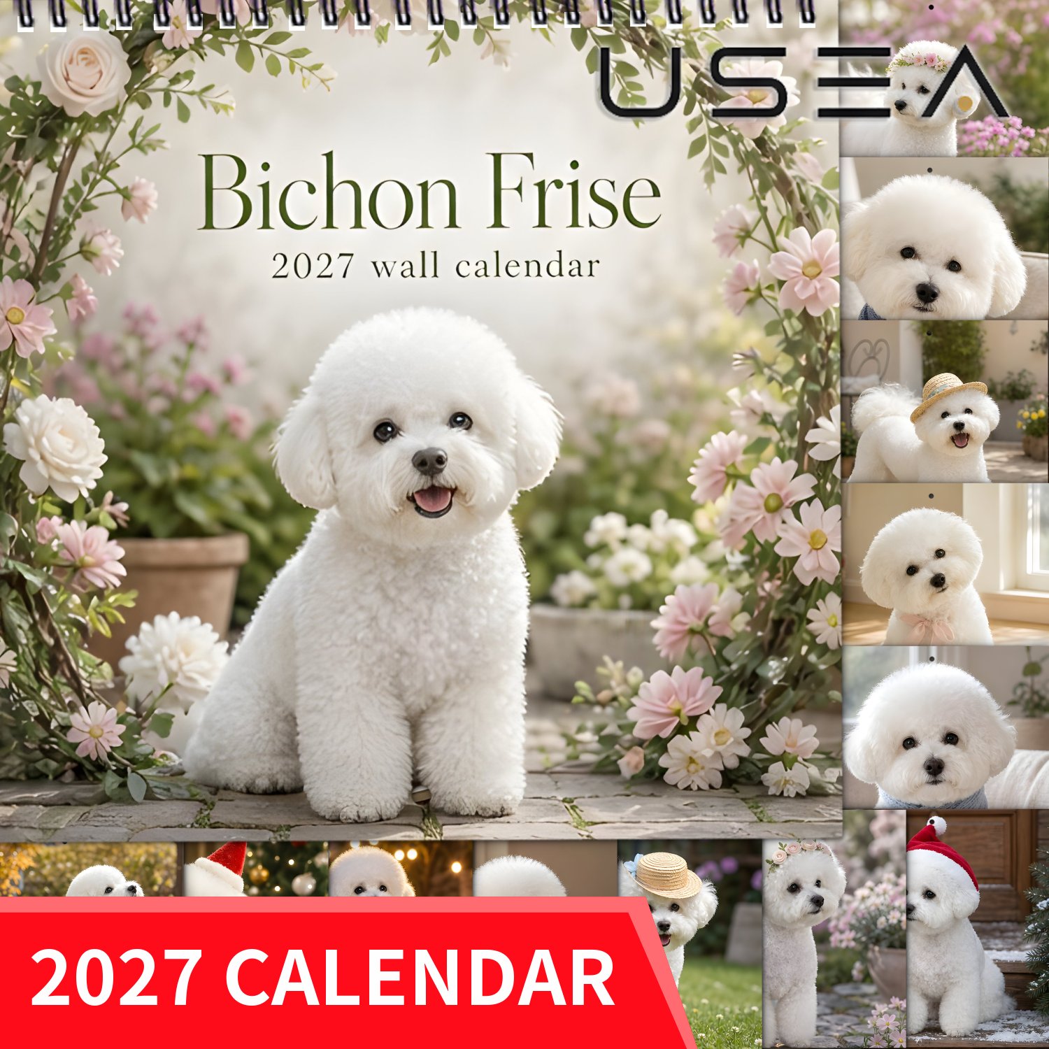 TEMU 2027 Bichon Frise Wall Calendar With Twin Wire Spiral Binding - Large Monthly Planner, 12-month Organizer Suitable For, Office, Decor, Gift For