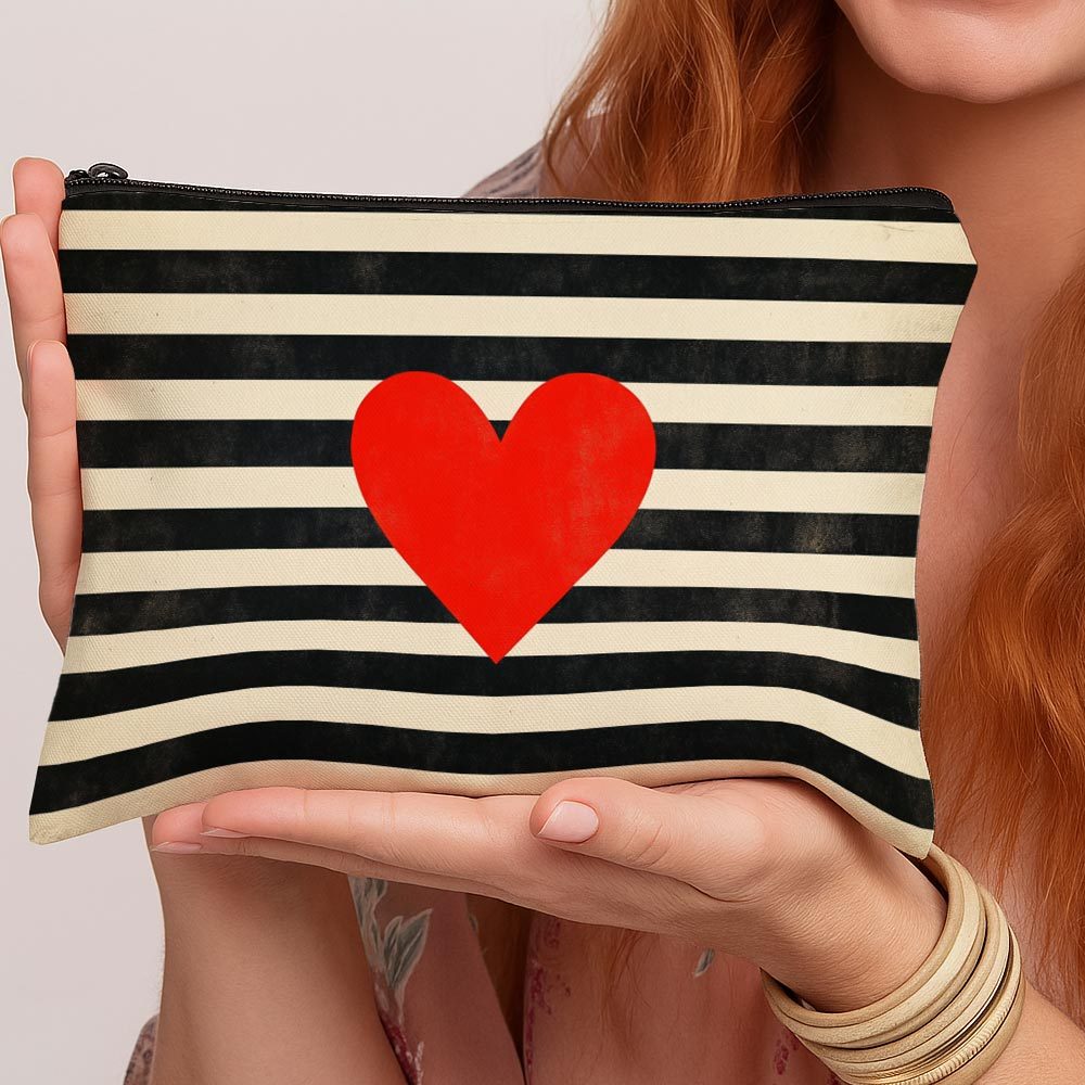 TEMU 1pc Romantic Art Makeup Bag - Red Black And White Striped Background Zippered Multifunctional Travel Toiletry Organizer With , Portable Cosmetic