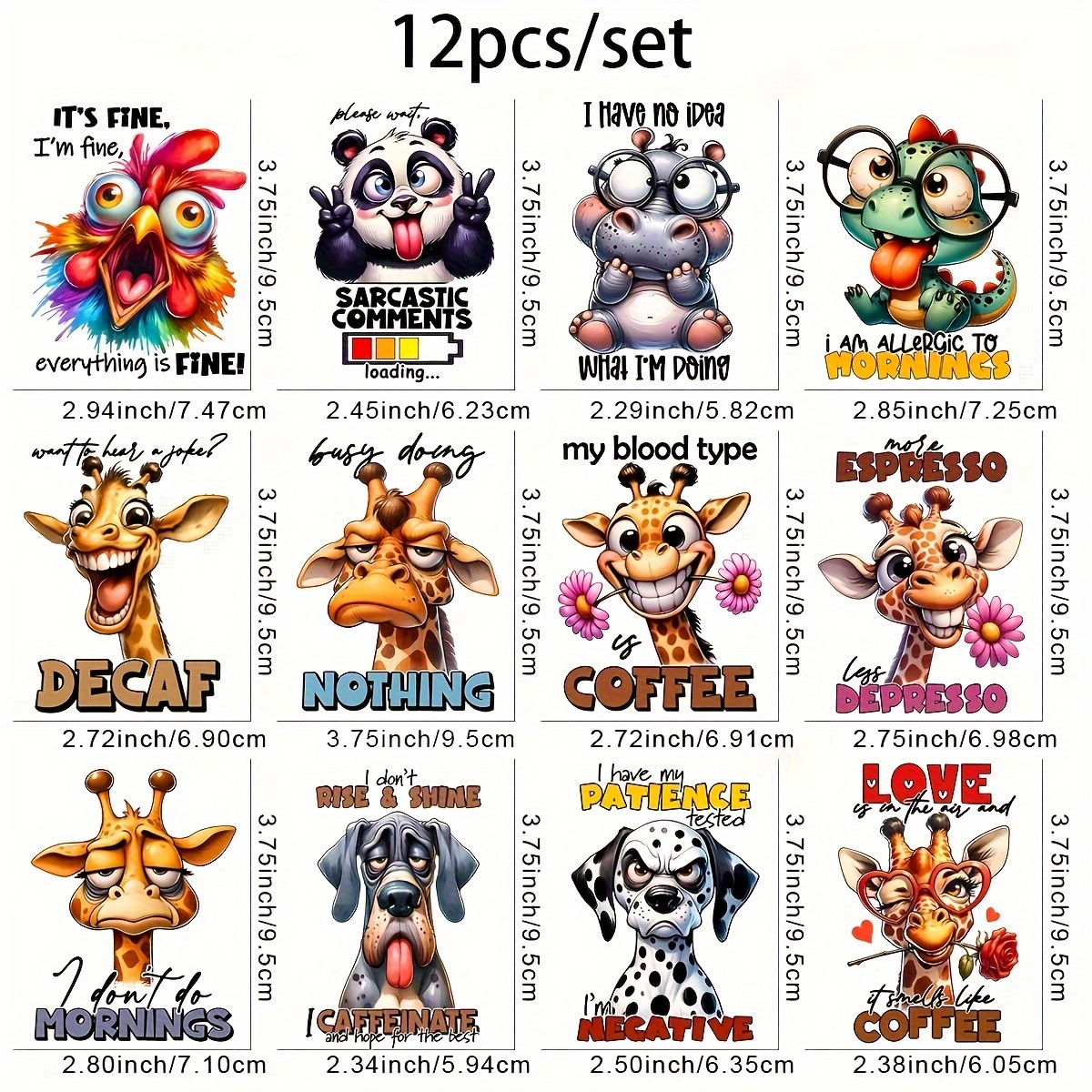 TEMU 12pcs Set Of Humorous Animal Rust Transfer Stickers, Multi-colored Pvc Dtf Heat Transfer Stickers For Clothing And Crafts, Featuring Quirky