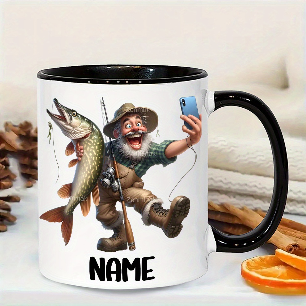 Image of -themed Ceramic Coffee Mug With Fishing Patterns And Personalized Name/text Option - In , Reusable Insulated Tumbler With Fishing Rod And Fish Scale Design - An Ideal Gift For , , And Coffee/