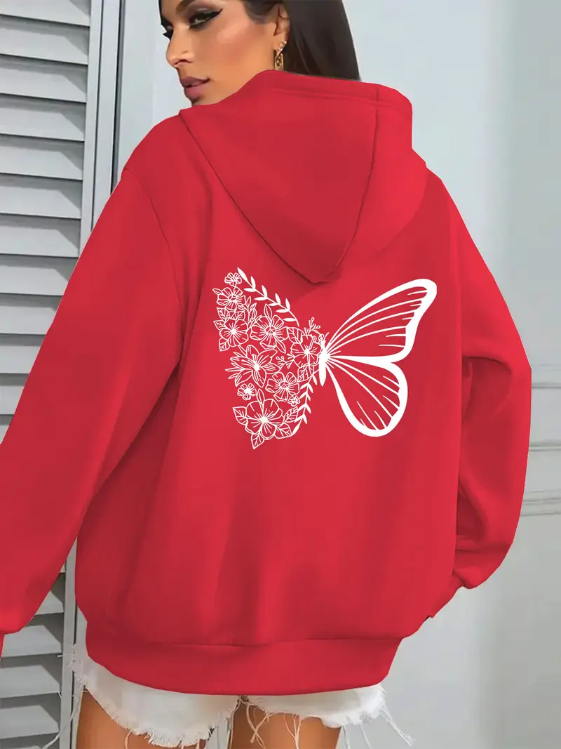Red Women'S Hoodie - Floral Butterfly back Print Sweatshirt