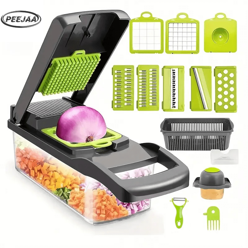 Image of Peejaa 16-in- Tool Set With Non-slip Mat For Salad, Fruit, And Vegetable Preparation, Including Peeler, Cutter, Slicer, Dicer, And Chopper