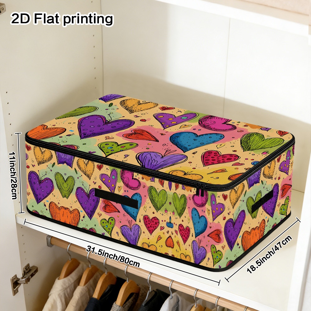 TEMU 2d Flat 1pc 's Colorful Hearts Printed Rectangular Storage Organizer With Zippered Closure And Reinforced Handles,soft Non-woven Fabric