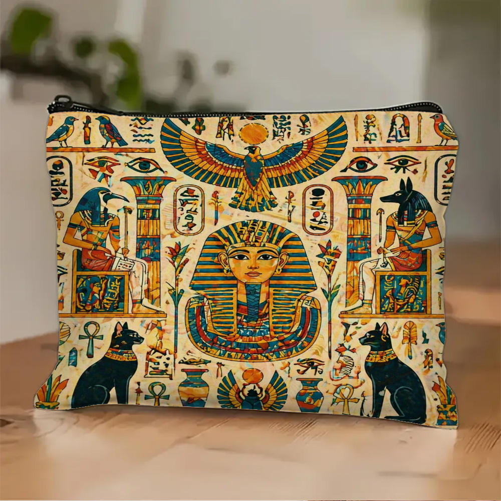 TEMU 1pc Ancient Egyptian Hieroglyphic Print Toiletry Bag, Makeup Bag, Durable Fade-resistant Zippered Pouch, Lightweight Foldable Storage Bag,