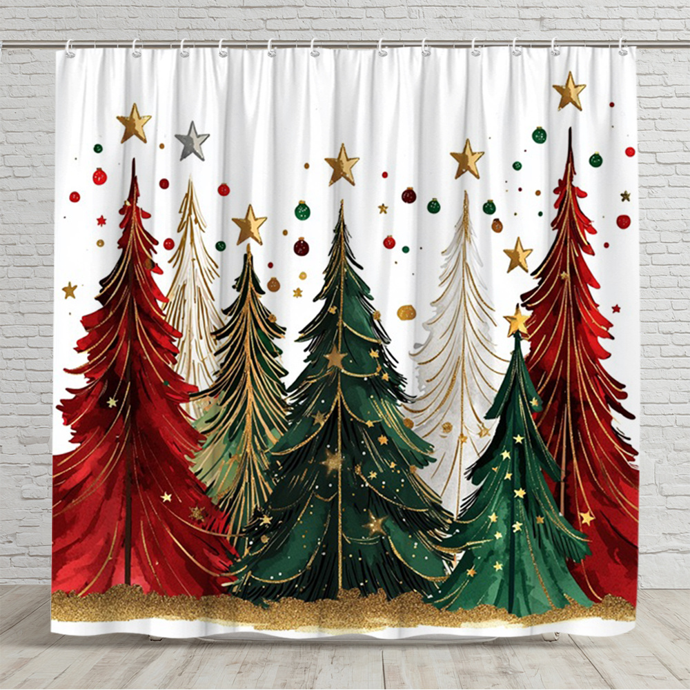 TEMU 2d Flat, 1pc, Red And Golden Christmas Tree 2d Printed Shower Curtain. 70*70 Inches, Christmas Decoration, Bathroom Shower Curtain, Perfect For