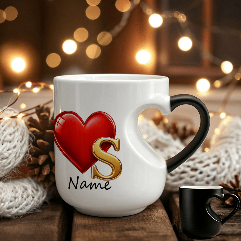 TEMU Personalized Custom Name A-z Initial Letter Heat Sensitive Color Changing Mug, Cute Hollow Heart Shape Handle Ceramic Tea Coffee Cup, Customized