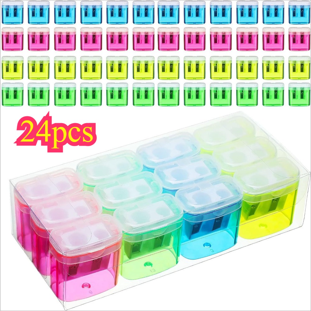 Image of 24pcs Pencil Sharpener With Lid, Random 2pcs Hole Handheld Sharpeners, Suitable For Standard And Jumbo Pencils, Compact Cute Sharpeners, Ideal For Home And Office