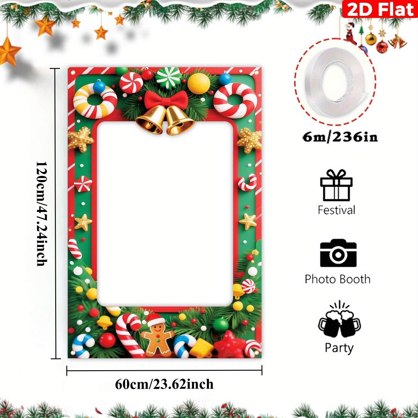 TEMU Bannière plate 2D, 1pc, Cabine photo de Noël, Homme d'épice, Bâton de sucre, Cadre de silhouette de cloche, 47.2In .6In, Décoration de fête de
