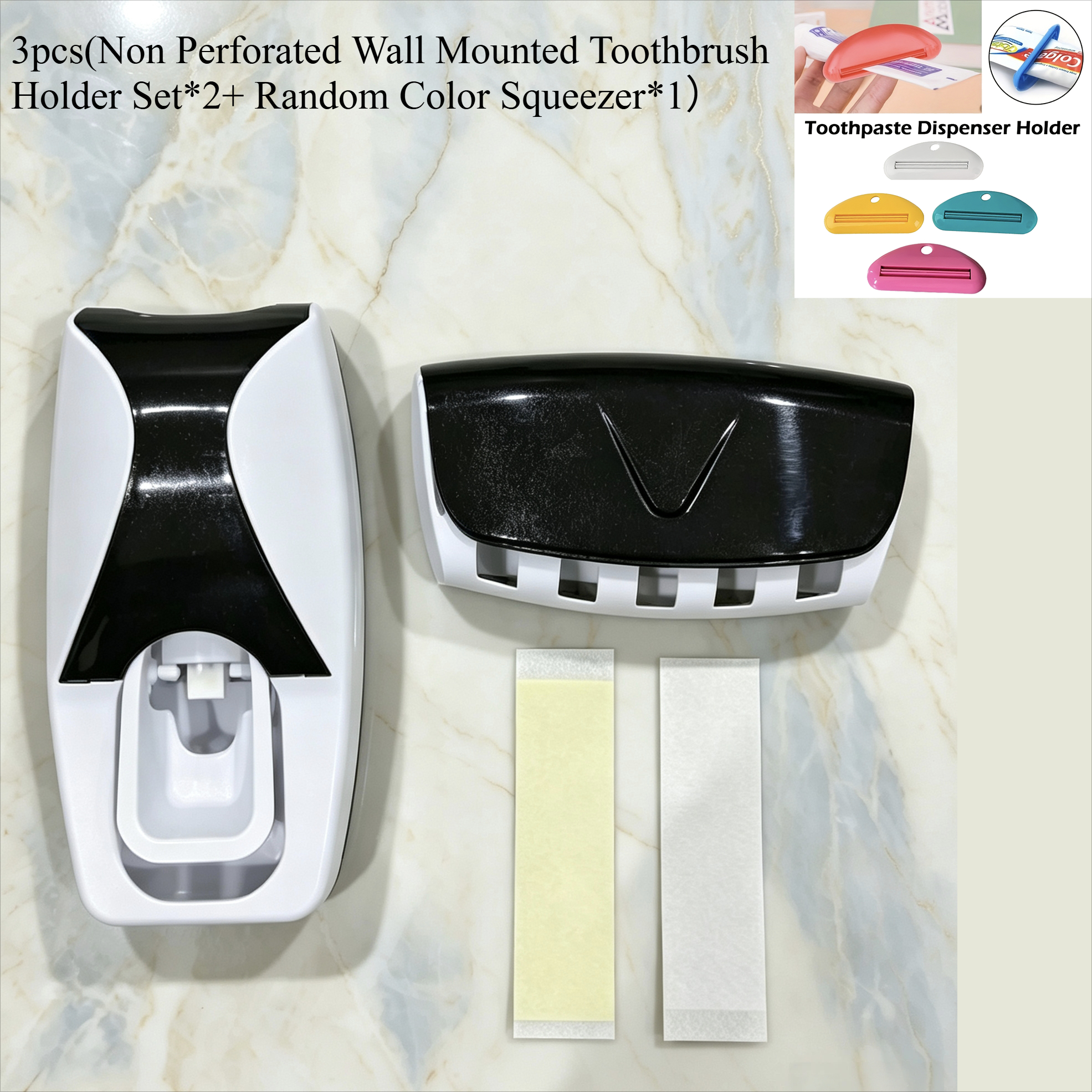 TEMU Lot de 3 pièces (2 porte-brosses à dents muraux non perforés + 1 presse-tube de dentifrice en plastique de couleur aléatoire) Boîte de rangement
