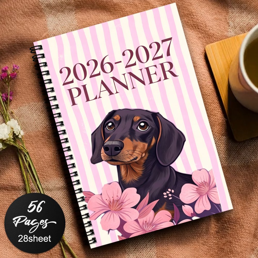 TEMU 1pc 2026-2027 Planner Calendar Spiral Notebook Journal With Cute Dachshund And Pink Flowers Design, Diary Daily Planning Office School Supplies