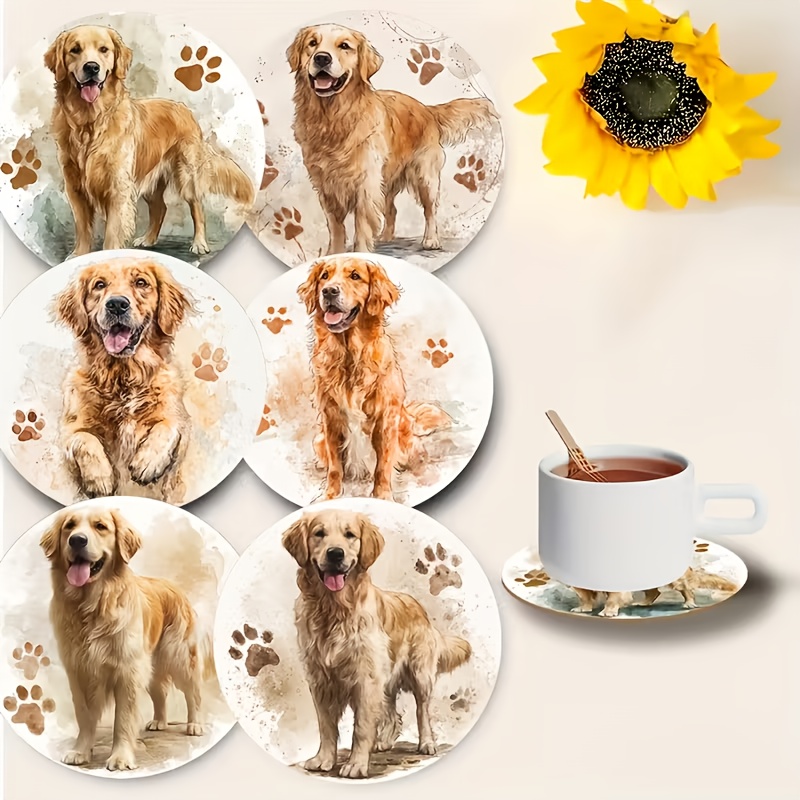 TEMU 6pcs Wood Coasters With Golden Retriever Dog Pattern - Round Table Protectors Suitable For Home & Restaurant Use, Rustic Wood Drink Pads, Ideal