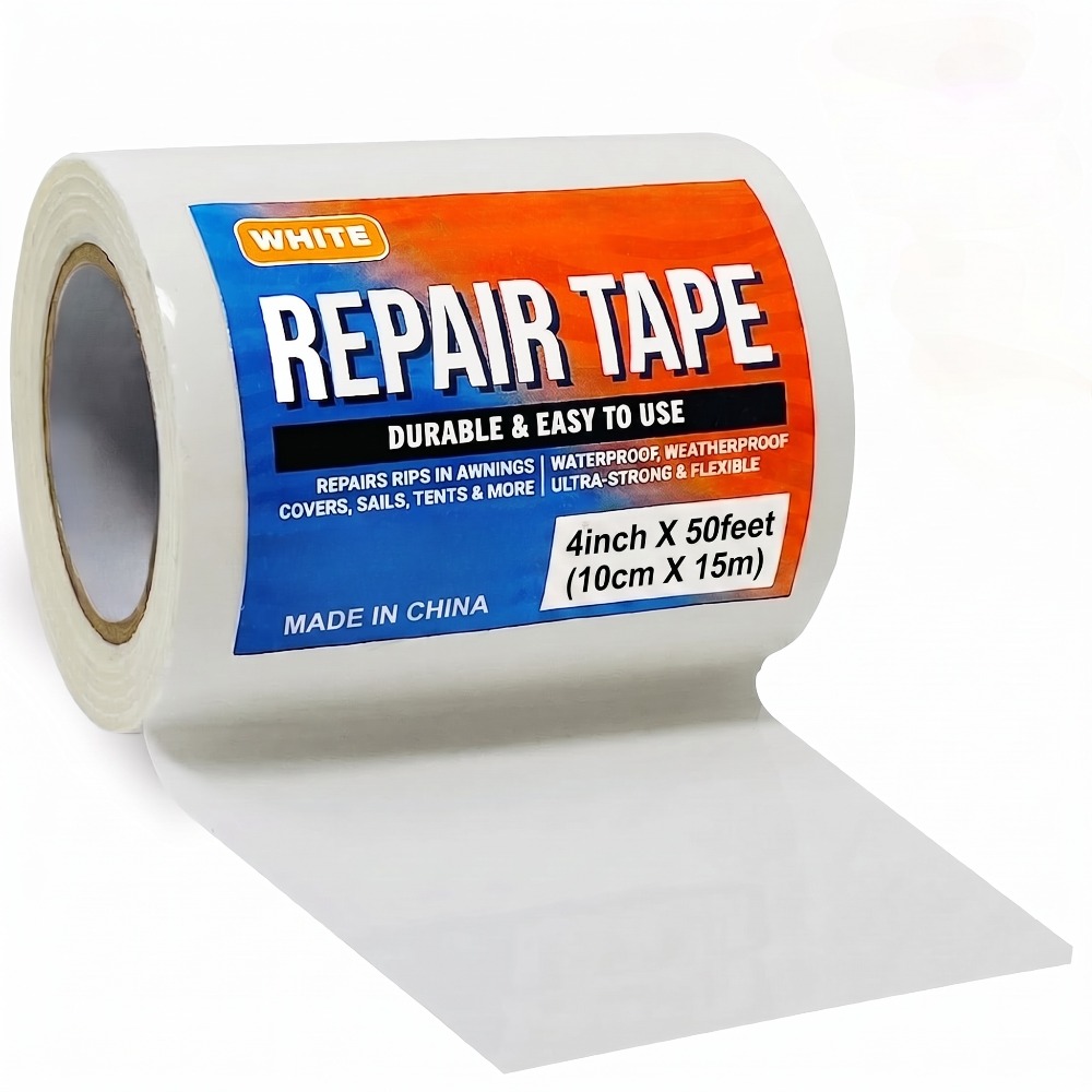 TEMU Cinta de reparación para tela y vinilo de 50 pies x 4 pulgadas, cinta de parche impermeable blanca/negra para toldo de RV, lona de tienda de