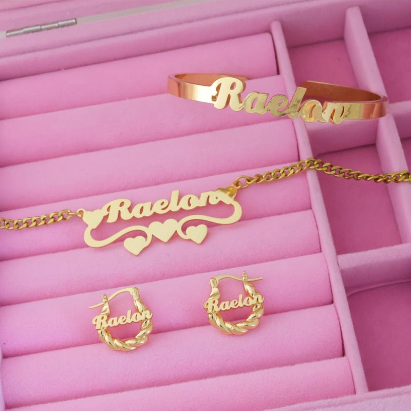 TEMU Set Of 3 Personalized Jewelry Items Including Mini Earrings, A Name Bracelet, Name Hoops, A Nameplate Necklace, And A Custom Letter Pendant -