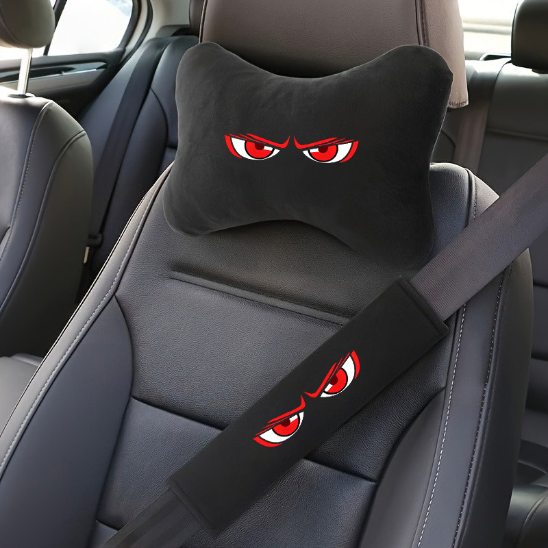 TEMU A Set Of 2 Car Headrests, Which Of 1 Headrest And 1 Shoulder Protector For The Seat Belt, Showcasing A Pattern, Compatible With Type Of Vehicle